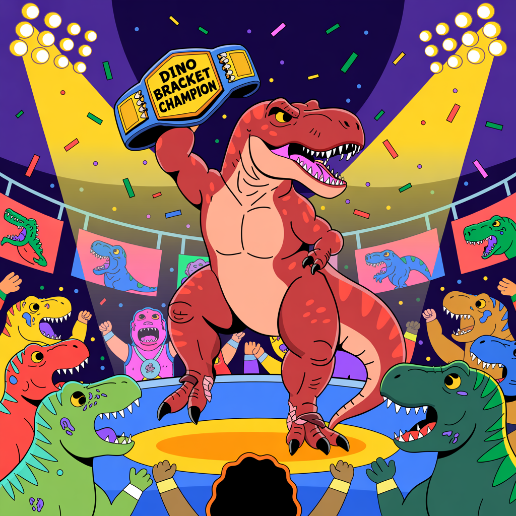 Dinosaur champion celebrating in an arena